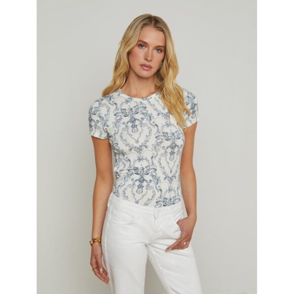 L’AGENCE Silk Toile T Shirt Blue White XS New With Tags - Picture 5 of 15